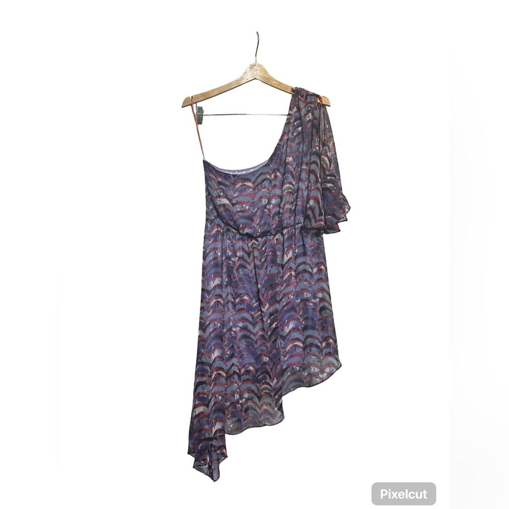 Cold Shoulder Assymetrical Dress Purple Geometric Print Women Size L.